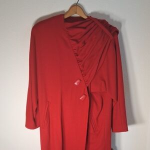 Vintage Red Wool Opera Coat Ruched Shawl-Like Scarf Fox Fur Trim Raglan Size 8